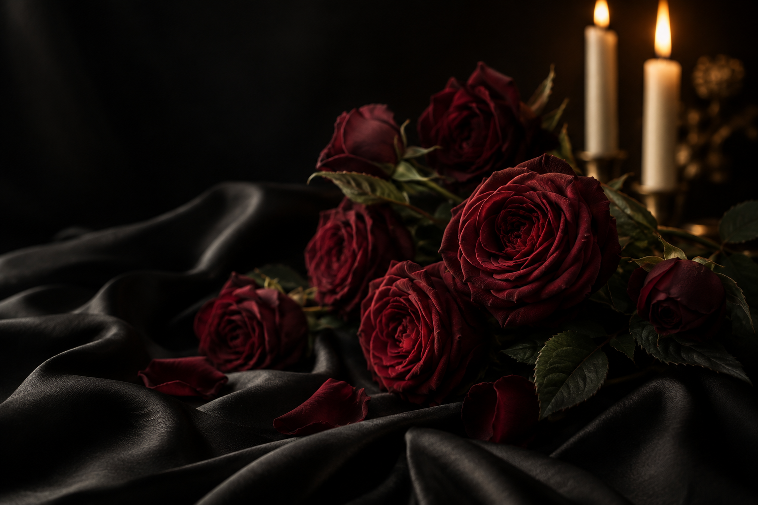 Rosas color vino y luz de velas